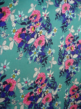 Load image into Gallery viewer, Luxurious 100% Italian Silk Satin Stretch Steel Blue Base with Pink and Violet Geranium and Butterfly Print Dress Side Pockets Separate Belt Raglan Sleeves UK Size 8 - 10 by I LOVE LOLA