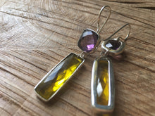 Load image into Gallery viewer, 'Treasure Chest' 14ct gold vermeil on 925 Silver faceted Amethyst & Lemon Quartz baguette double drop dangly statement earrings