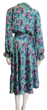Load image into Gallery viewer, Luxurious 100% Italian Silk Satin Stretch Steel Blue Base with Pink and Violet Geranium and Butterfly Print Dress Side Pockets Separate Belt Raglan Sleeves UK Size 8 - 10 by I LOVE LOLA