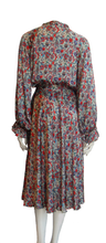 Load image into Gallery viewer, Luxurious 100% Italian Silk Satin Stretch Pearl Grey Base with Reds and Blue Print Dress Side Pockets Separate Belt Raglan Sleeves UK Size 8 - 10 by I LOVE LOLA