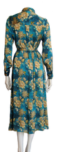 Load image into Gallery viewer, 100% Italian Silk Satin Stretch/charmeuse silk Teal, Gold and Green Print Shirtdress/Coat UK Size 8-12 by I LOVE LOLA London
