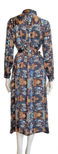 Load image into Gallery viewer, 100% Italian Silk Satin Stretch/charmeuse silk Baroque Navy Blue, Gold, Biscuit Brown with a hint of Red Print Shirtdress/Coat UK Size 8-12 by I LOVE LOLA London