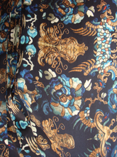 Load image into Gallery viewer, 100% Italian Silk Satin Stretch/charmeuse silk Baroque Navy Blue, Gold, Biscuit Brown with a hint of Red Print Shirtdress/Coat UK Size 8-12 by I LOVE LOLA London