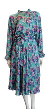 Load image into Gallery viewer, Luxurious 100% Italian Silk Satin Stretch Steel Blue Base with Pink and Violet Geranium and Butterfly Print Dress Side Pockets Separate Belt Raglan Sleeves UK Size 8 - 10 by I LOVE LOLA