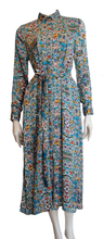 Load image into Gallery viewer, 100% Italian Silk Satin Stretch/charmeuse silk Multi colour Turquoise, Green, Red, Yellow, Purple and Brown Print on an Ivory base Shirtdress/Coat UK Size 8-12 by I LOVE LOLA London