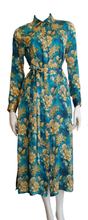 Load image into Gallery viewer, 100% Italian Silk Satin Stretch/charmeuse silk Teal, Gold and Green Print Shirtdress/Coat UK Size 8-12 by I LOVE LOLA London