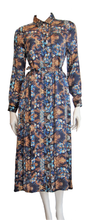 Load image into Gallery viewer, 100% Italian Silk Satin Stretch/charmeuse silk Baroque Navy Blue, Gold, Biscuit Brown with a hint of Red Print Shirtdress/Coat UK Size 8-12 by I LOVE LOLA London