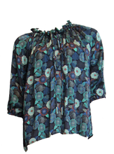 Load image into Gallery viewer, Luxurious 100% Italian Silk Charmeuse 80 gsm Navy Blue, Emerald Green and Blue Poppy Print Top ruffle collar Blouse 3/4 Raglan Sleeves UK Size 6 - 12 by I LOVE LOLA London
