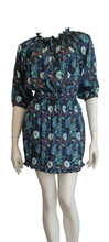 Load image into Gallery viewer, Pure Luxury Italian Silk Charmeuse Navy Blue, Emerald Green and Blue Poppy print mini skirt elastic waist UK Size 6 - 10 by I LOVE LOLA London