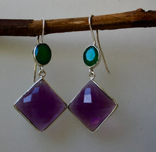 Load image into Gallery viewer, 'Sunset in Samoa' Rich Sparkling Amethyst & emerald green Onyx '925' Silver double drop cocktail earrings - lightly faceted gemstones