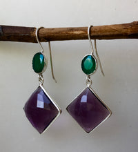 Load image into Gallery viewer, 'Sunset in Samoa' Rich Sparkling Amethyst & emerald green Onyx '925' Silver double drop cocktail earrings - lightly faceted gemstones