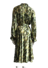 Load image into Gallery viewer, Luxurious 100% Italian Silk Satin Stretch Moss Green Print Dress Side Pockets Separate Belt Raglan Sleeves UK Size 8 - 10 by I LOVE LOLA