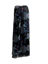 Load image into Gallery viewer, Luxurious 100% Italian Silk Satin Stretch/charmeuse silk Bold Black and turquoise print Palazzo Trouser elastic waist Fit UK Size 6 - 10