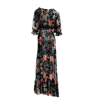 Load image into Gallery viewer, Beautiful 100% Silk Charmeuse Italian Ruffle Two-Ways Cold Shoulder Maxi Dress Coral & Turq on blackUK Size 8-12 by I LOVE LOLA London