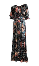 Load image into Gallery viewer, Beautiful 100% Silk Charmeuse Italian Ruffle Two-Ways Cold Shoulder Maxi Dress Coral & Turq on blackUK Size 8-12 by I LOVE LOLA London