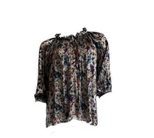 Load image into Gallery viewer, Luxurious 100% Italian Silk Charmeuse 80 gsm Tree of Life Print Top ruffle collar Blouse 3/4 Raglan Sleeves UK Size 6 - 12 by I LOVE LOLA London