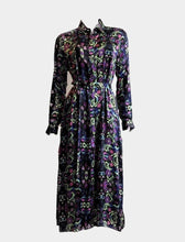 Load image into Gallery viewer, Silk Charmeuse 100% Italian Butterfly multi print Black shirt dress/coat Side Pockets Separate belt UK Size 8-12 by I LOVE LOLA London