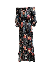 Load image into Gallery viewer, Beautiful 100% Silk Charmeuse Italian Ruffle Two-Ways Cold Shoulder Maxi Dress Coral & Turq on blackUK Size 8-12 by I LOVE LOLA London