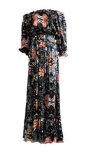 Load image into Gallery viewer, Beautiful 100% Silk Charmeuse Italian Ruffle Two-Ways Cold Shoulder Maxi Dress Coral & Turq on blackUK Size 8-12 by I LOVE LOLA London