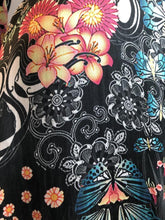 Load image into Gallery viewer, Beautiful 100% Silk Charmeuse Italian Ruffle Two-Ways Cold Shoulder Maxi Dress Coral & Turq on blackUK Size 8-12 by I LOVE LOLA London