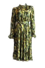 Load image into Gallery viewer, Luxurious 100% Italian Silk Satin Stretch Moss Green Print Dress Side Pockets Separate Belt Raglan Sleeves UK Size 8 - 10 by I LOVE LOLA