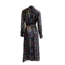 Load image into Gallery viewer, Silk Charmeuse 100% Italian Butterfly multi print Black shirt dress/coat Side Pockets Separate belt UK Size 8-12 by I LOVE LOLA London