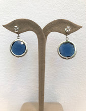 Load image into Gallery viewer, ‘Magic Mystic’ handmade Sapphire blue faceted gemstone Quartz and Labradorite cabochon earrings, scrollwork design on .925 sterling silver