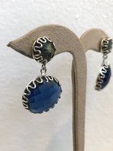Load image into Gallery viewer, ‘Magic Mystic’ handmade Sapphire blue faceted gemstone Quartz and Labradorite cabochon earrings, scrollwork design on .925 sterling silver