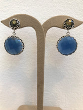 Load image into Gallery viewer, ‘Magic Mystic’ handmade Sapphire blue faceted gemstone Quartz and Labradorite cabochon earrings, scrollwork design on .925 sterling silver