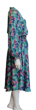 Load image into Gallery viewer, Luxurious 100% Italian Silk Satin Stretch Steel Blue Base with Pink and Violet Geranium and Butterfly Print Dress Side Pockets Separate Belt Raglan Sleeves UK Size 8 - 10 by I LOVE LOLA