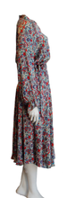 Load image into Gallery viewer, Luxurious 100% Italian Silk Satin Stretch Pearl Grey Base with Reds and Blue Print Dress Side Pockets Separate Belt Raglan Sleeves UK Size 8 - 10 by I LOVE LOLA