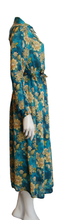 Load image into Gallery viewer, 100% Italian Silk Satin Stretch/charmeuse silk Teal, Gold and Green Print Shirtdress/Coat UK Size 8-12 by I LOVE LOLA London