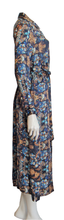 Load image into Gallery viewer, 100% Italian Silk Satin Stretch/charmeuse silk Baroque Navy Blue, Gold, Biscuit Brown with a hint of Red Print Shirtdress/Coat UK Size 8-12 by I LOVE LOLA London