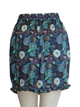 Load image into Gallery viewer, Pure Luxury Italian Silk Charmeuse Navy Blue, Emerald Green and Blue Poppy print mini skirt elastic waist UK Size 6 - 10 by I LOVE LOLA London