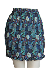 Load image into Gallery viewer, Pure Luxury Italian Silk Charmeuse Navy Blue, Emerald Green and Blue Poppy print mini skirt elastic waist UK Size 6 - 10 by I LOVE LOLA London