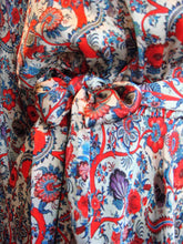 Load image into Gallery viewer, Luxurious 100% Italian Silk Satin Stretch Pearl Grey Base with Reds and Blue Print Dress Side Pockets Separate Belt Raglan Sleeves UK Size 8 - 10 by I LOVE LOLA
