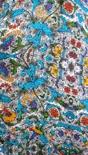 Load image into Gallery viewer, 100% Italian Silk Satin Stretch/charmeuse silk Multi colour Turquoise, Green, Red, Yellow, Purple and Brown Print on an Ivory base Shirtdress/Coat UK Size 8-12 by I LOVE LOLA London
