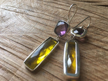 Load image into Gallery viewer, &#39;Treasure Chest&#39; 14ct gold vermeil on 925 Silver faceted Amethyst &amp; Lemon Quartz baguette double drop dangly statement earrings

