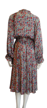 Load image into Gallery viewer, Luxurious 100% Italian Silk Satin Stretch Pearl Grey Base with Reds and Blue Print Dress Side Pockets Separate Belt Raglan Sleeves UK Size 8 - 10 by I LOVE LOLA
