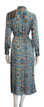 Load image into Gallery viewer, 100% Italian Silk Satin Stretch/charmeuse silk Multi colour Turquoise, Green, Red, Yellow, Purple and Brown Print on an Ivory base Shirtdress/Coat UK Size 8-12 by I LOVE LOLA London
