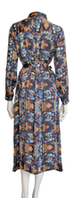 Load image into Gallery viewer, 100% Italian Silk Satin Stretch/charmeuse silk Baroque Navy Blue, Gold, Biscuit Brown with a hint of Red Print Shirtdress/Coat UK Size 8-12 by I LOVE LOLA London
