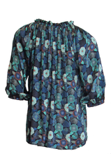Load image into Gallery viewer, Luxurious 100% Italian Silk Charmeuse 80 gsm Navy Blue, Emerald Green and Blue Poppy Print Top ruffle collar Blouse 3/4 Raglan Sleeves UK Size 6 - 12 by I LOVE LOLA London
