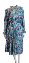 Load image into Gallery viewer, Luxurious 100% Italian Silk Satin Stretch Steel Blue Base with Pink and Violet Geranium and Butterfly Print Dress Side Pockets Separate Belt Raglan Sleeves UK Size 8 - 10 by I LOVE LOLA
