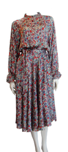 Load image into Gallery viewer, Luxurious 100% Italian Silk Satin Stretch Pearl Grey Base with Reds and Blue Print Dress Side Pockets Separate Belt Raglan Sleeves UK Size 8 - 10 by I LOVE LOLA
