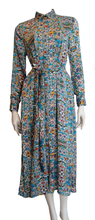 Load image into Gallery viewer, 100% Italian Silk Satin Stretch/charmeuse silk Multi colour Turquoise, Green, Red, Yellow, Purple and Brown Print on an Ivory base Shirtdress/Coat UK Size 8-12 by I LOVE LOLA London
