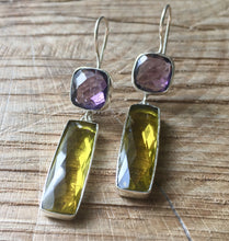 Load image into Gallery viewer, &#39;Treasure Chest&#39; 14ct gold vermeil on 925 Silver faceted Amethyst &amp; Lemon Quartz baguette double drop dangly statement earrings
