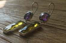 Load image into Gallery viewer, &#39;Treasure Chest&#39; 14ct gold vermeil on 925 Silver faceted Amethyst &amp; Lemon Quartz baguette double drop dangly statement earrings
