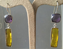 Load image into Gallery viewer, &#39;Treasure Chest&#39; 14ct gold vermeil on 925 Silver faceted Amethyst &amp; Lemon Quartz baguette double drop dangly statement earrings
