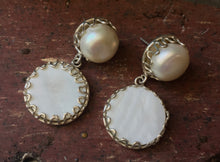 Load image into Gallery viewer, &#39;Aspen Snowdrop&#39; Lustrous Baroque Pearl top Mother of Pearl &amp; 925 Silver drop Statement Drop Earrings
