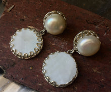 Load image into Gallery viewer, &#39;Aspen Snowdrop&#39; Lustrous Baroque Pearl top Mother of Pearl &amp; 925 Silver drop Statement Drop Earrings
